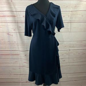 The Limited- Navy Blue Ruffle Short Sleeve Faux Wrap Dress- Size: PL